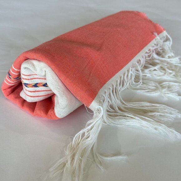Cream & Orange/Coral Striped Woven Mexican Beach Blanket or Tablecloth - Picture 2 of 4